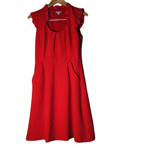 Tabitha Fit & Flare Red Textured Dress 4 Pockets Ruffle Sleeves Romantic Mod - Picture 1 of 9